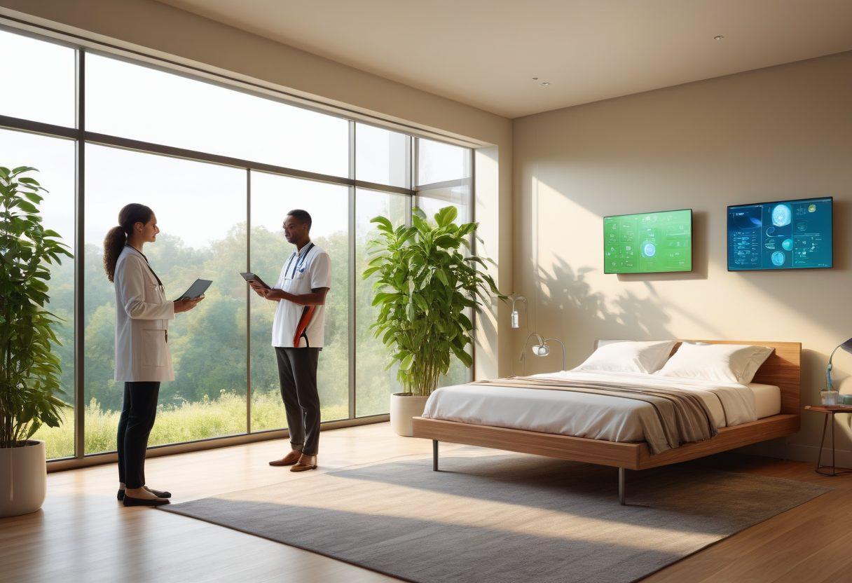 A futuristic healthcare scene showcasing a diverse group of people interacting with advanced telemedicine technology, such as virtual consultations on tablets and wearable health monitors. Include elements like holographic displays of health data and a soothing environment with greenery, symbolizing wellness. The overall atmosphere should feel optimistic and innovative, capturing the essence of e-Health. super-realistic. vibrant colors. 3D.