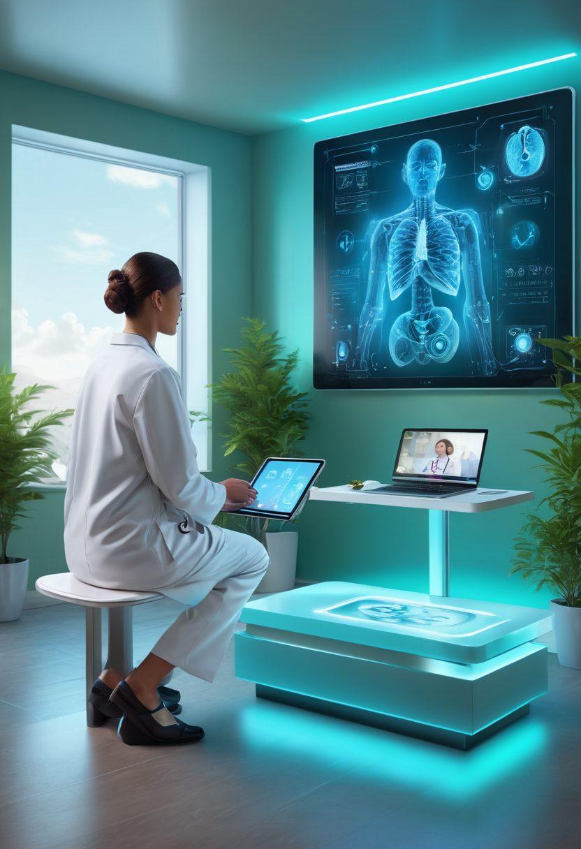 A futuristic virtual doctor consultation scene, featuring a diverse patient interacting with a friendly holographic doctor on a screen, surrounded by symbols of wellness like heartbeats, stethoscopes, and nature elements. The background should exhibit a soothing color palette, evoking a sense of tranquility and health. super-realistic. vibrant colors. 3D.