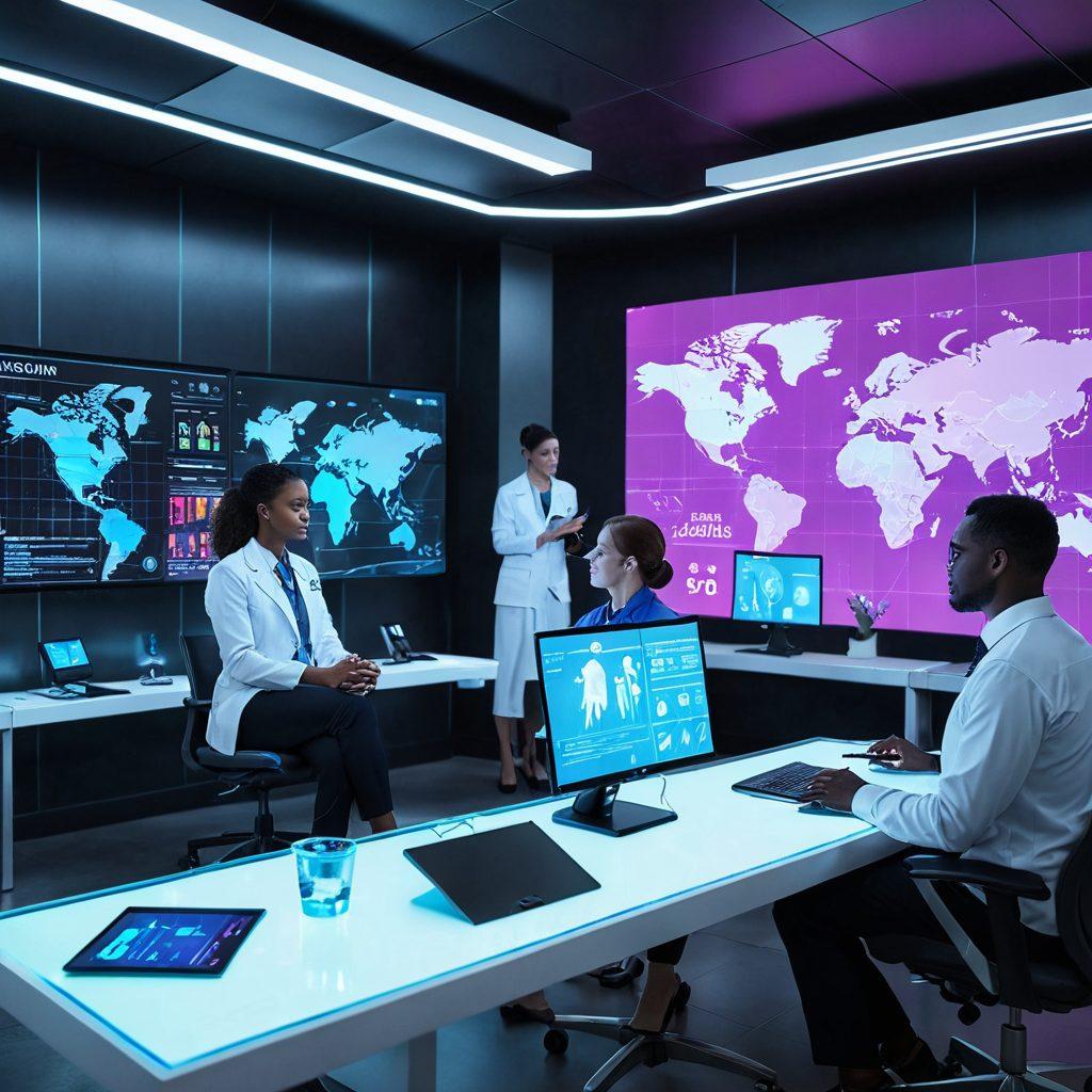 A futuristic healthcare setting showcasing a diverse group of professionals collaborating over digital screens displaying health data metrics and AI analytics. Include elements like wearable tech, holographic displays, and virtual consultations. The atmosphere is vibrant and optimistic, symbolizing the fusion of technology and health. super-realistic. vibrant colors. 3D.